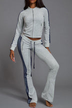 Zip Up Drawstring Stripe Flare Pants Set Lavish Daily