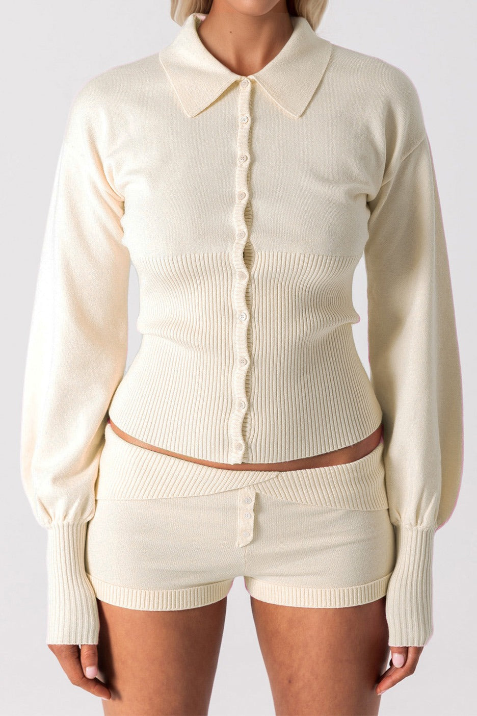 Knit Collared Long Sleeve Cardigan Shorts Set LavishDaily