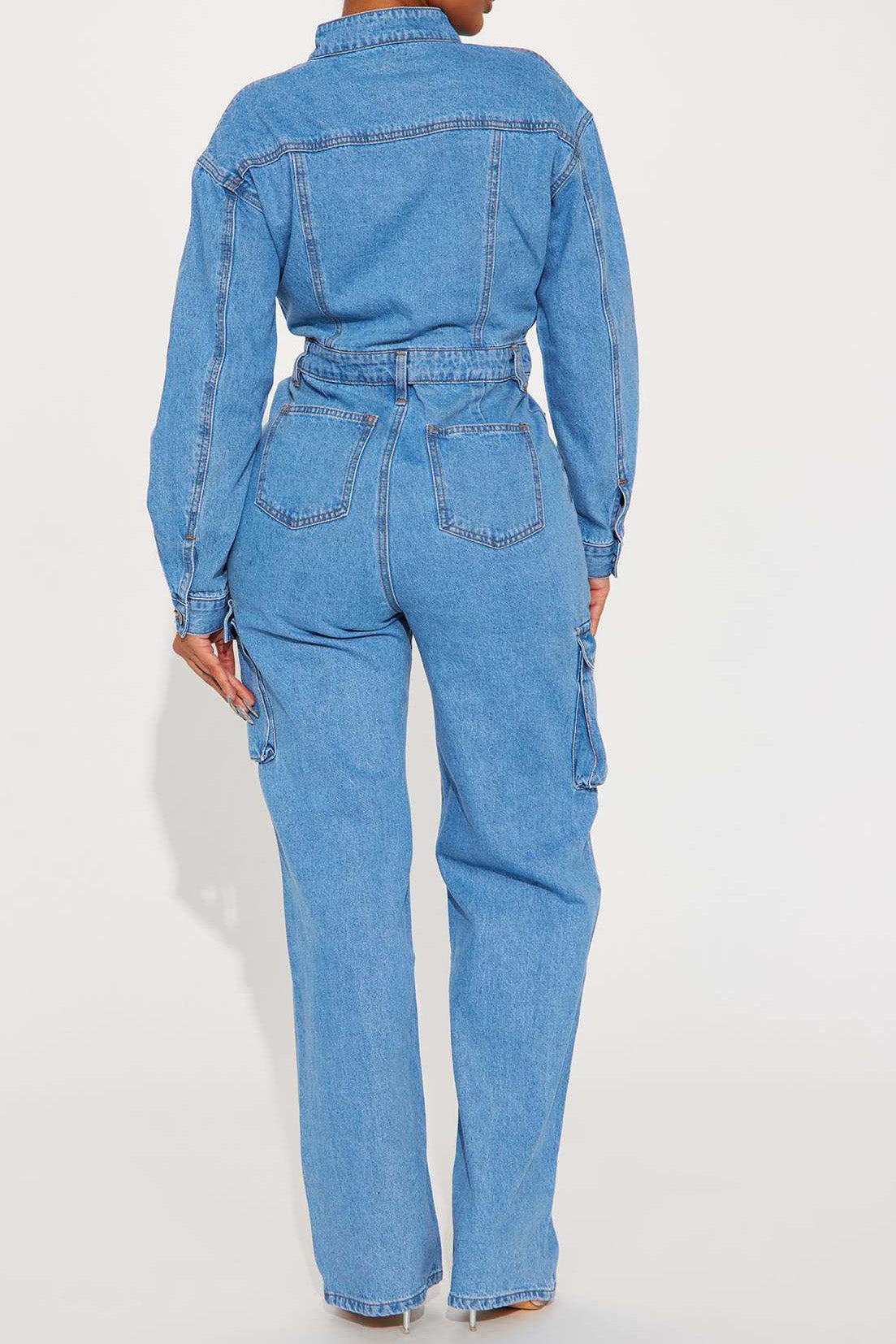 Long Sleeve Denim Cargo Pocket Jumpsuit Lavish Daily