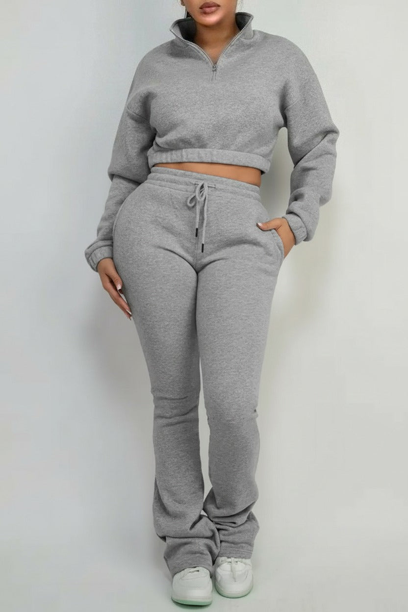 Fleece Crop Top and Flare Pants Set Lavish Daily