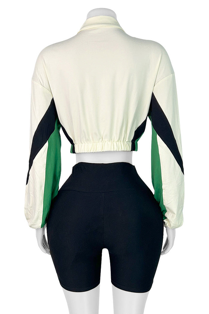 Colorblock Zip-Up Long Sleeve Top & Shorts Set Lavish Daily