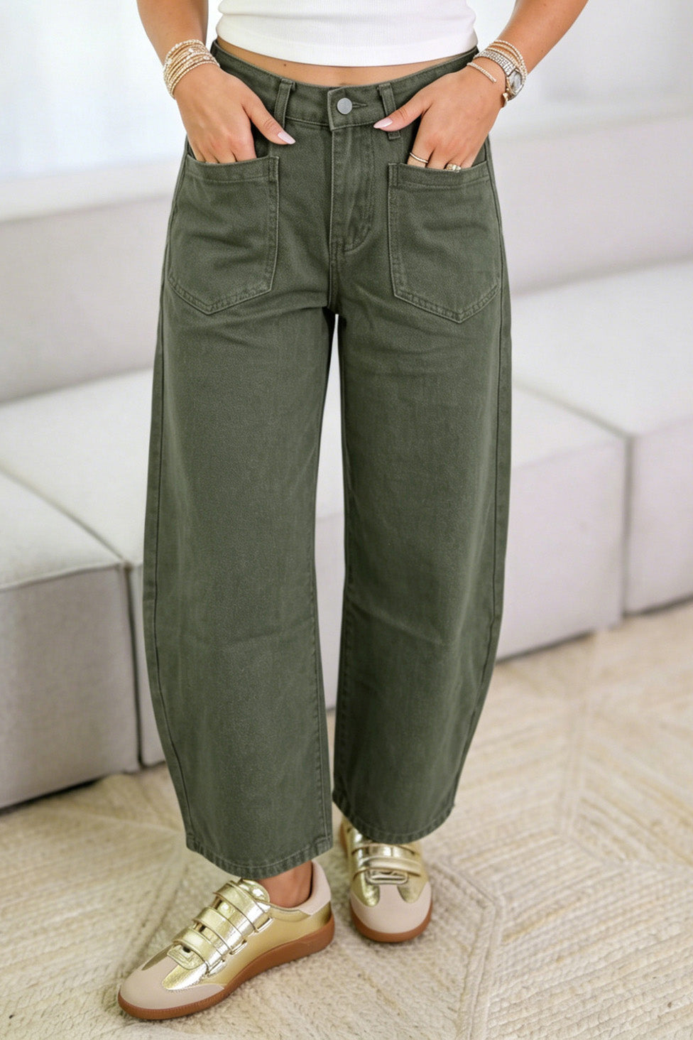 High Waist Patch Pocket Barrel Jeans Lavish Daily