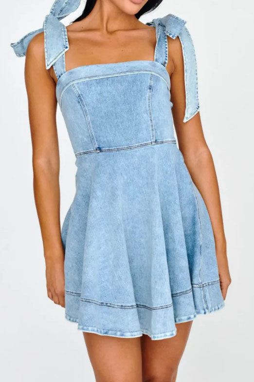Square Neck Tie Shoulder Denim Dress Lavish Daily