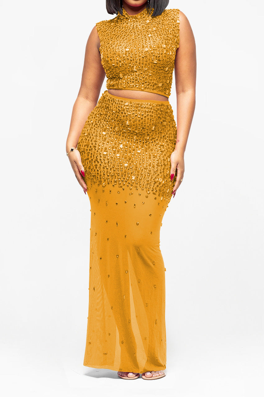 Sheer Rhinestone Mesh Maxi Skirt Set Lavish Daily