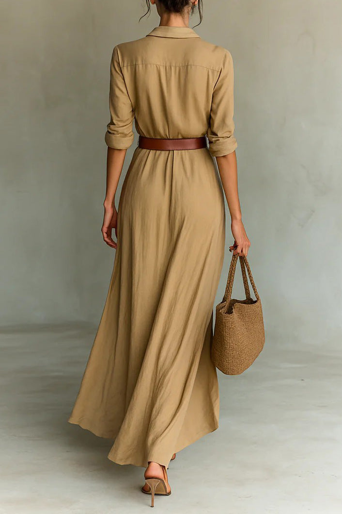 Lapel Buttoned Waist Maxi Dress Lavish Daily