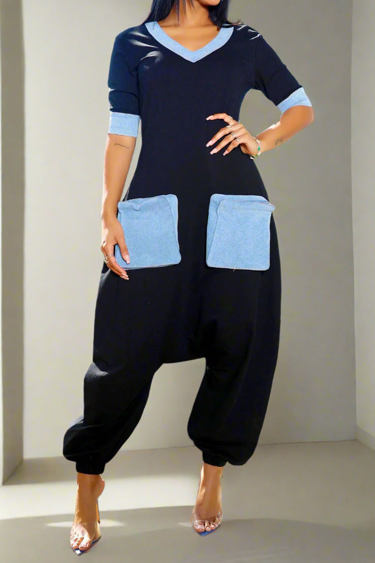 Loose Fit V-Neck Denim Jumpsuit Lavish Daily