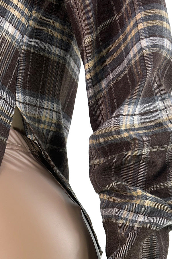 Plaid V-Neck Fold-Sleeve Split Hem Top Lavish Daily