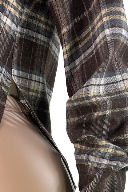Plaid V-Neck Fold-Sleeve Split Hem Top Lavish Daily