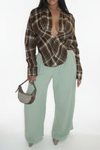 Plaid V-Neck Fold-Sleeve Split Hem Top Lavish Daily
