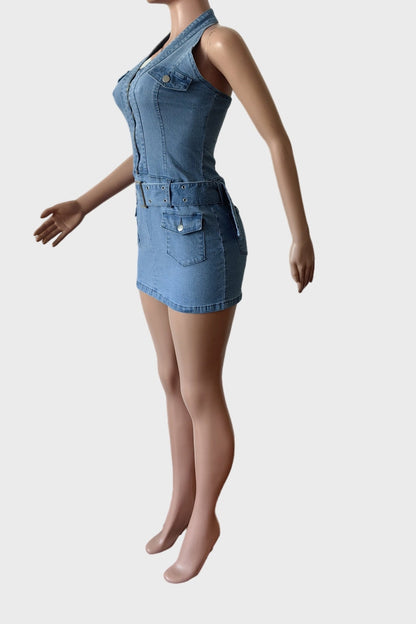 Halter Denim Belt Mini Dress Lavish Daily