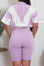 Color-Block Zip Crop Top & Biker Short Set Lavish Daily