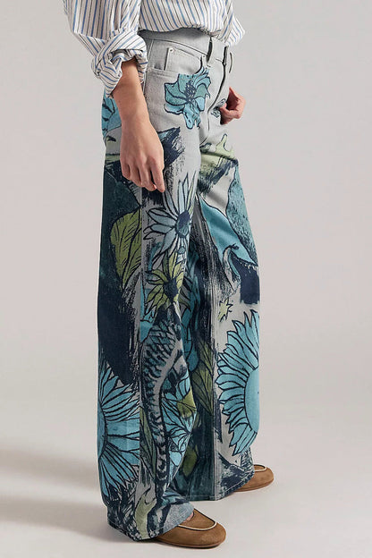 High-Waisted Statement Print Wide Leg Jeans Lavish Daily