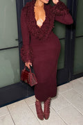 Knit Fringe Deep V Long Sleeve Dress Lavish Daily