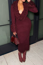 Knit Fringe Deep V Long Sleeve Dress Lavish Daily