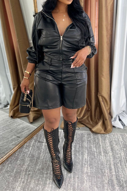 Faux Leather Hooded & Shorts Set Lavish Daily