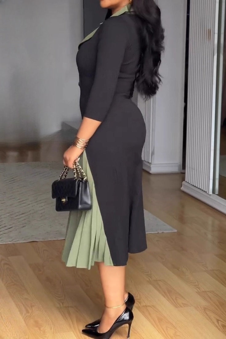 Collared Waist-Drawn Colorblock Pleated Dress Lavish Daily