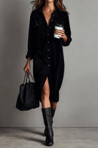 Single Breasted Pocket Shirt Style Midi Dress LavishDaily