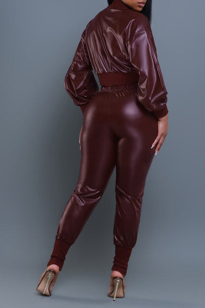 2-Piece Cutout Faux-Leather Bomber & Jogger Set Lavish Daily