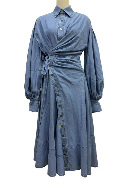 Ruched Asymmetric Button Denim Maxi Lavish Daily