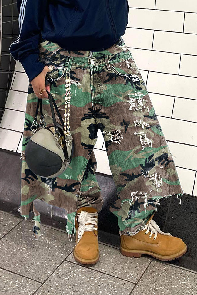 Camo Double Waist Ripped Jeans Lavish Daily