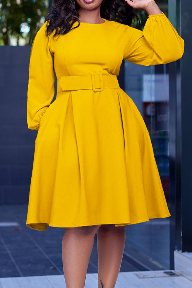Crew-Neck Long Sleeve High Waisted Dress Lavish Daily