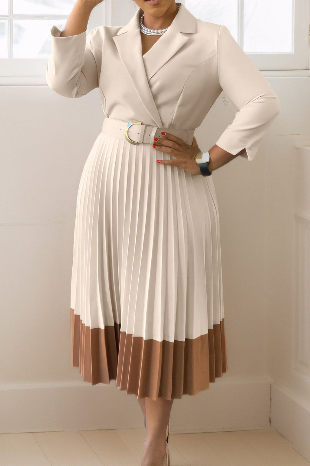 Two-Tone Belted Pleated Dress Lavish Daily