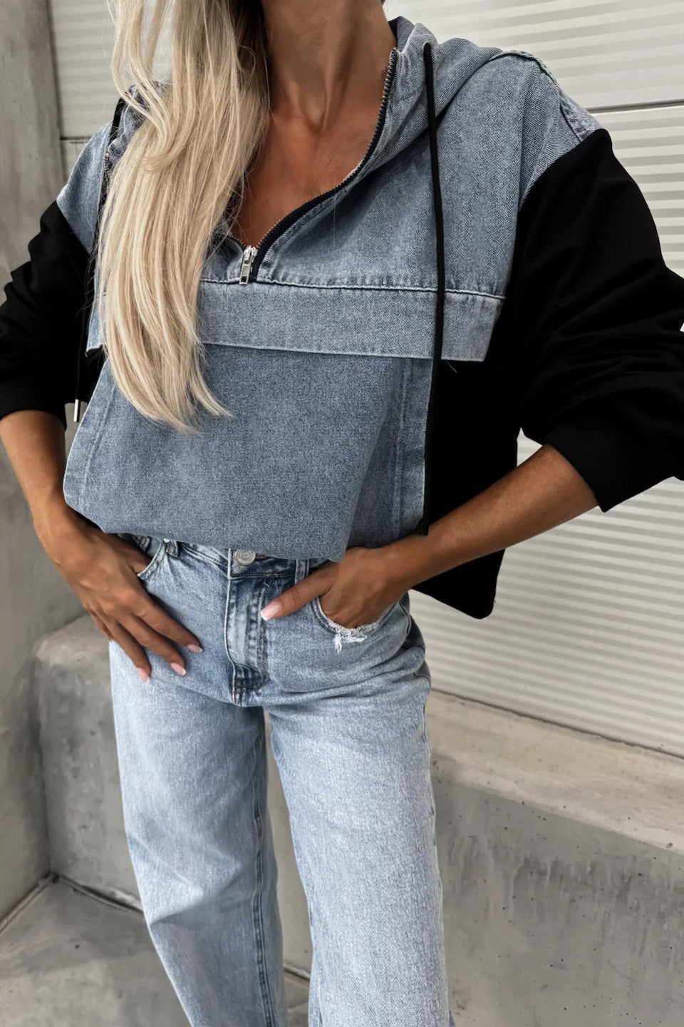 Loose Wash Denim Patchwork Hoodie Lavish Daily