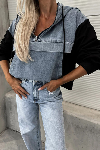 Loose Wash Denim Patchwork Hoodie Lavish Daily