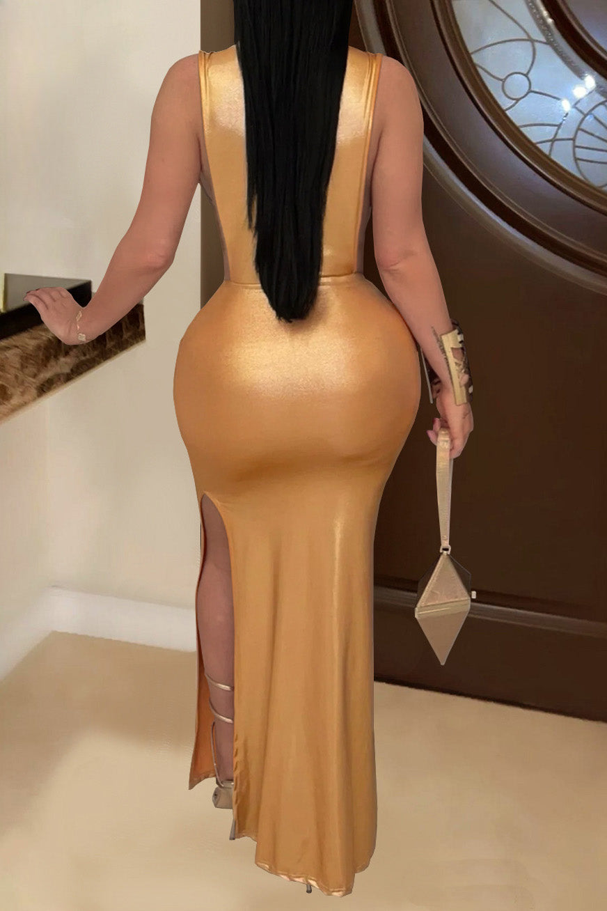 Glossy Side-Slit Mock Neck Maxi Dress Lavish Daily