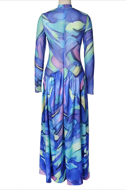 Mock Neck Mesh Floral Maxi Dress Lavish Daily