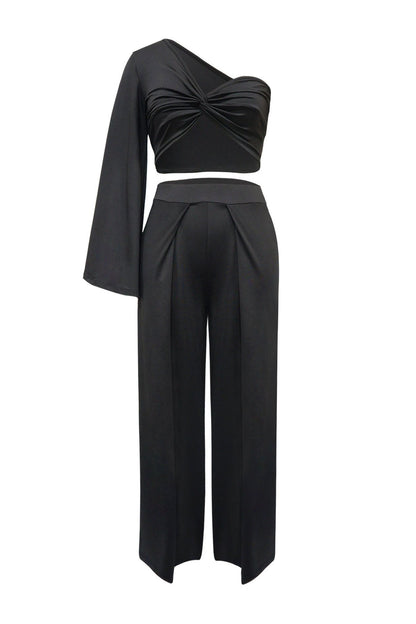 Asymmetrical Twist Crop Top & Draped Wide Leg Pant Set Lavish Daily