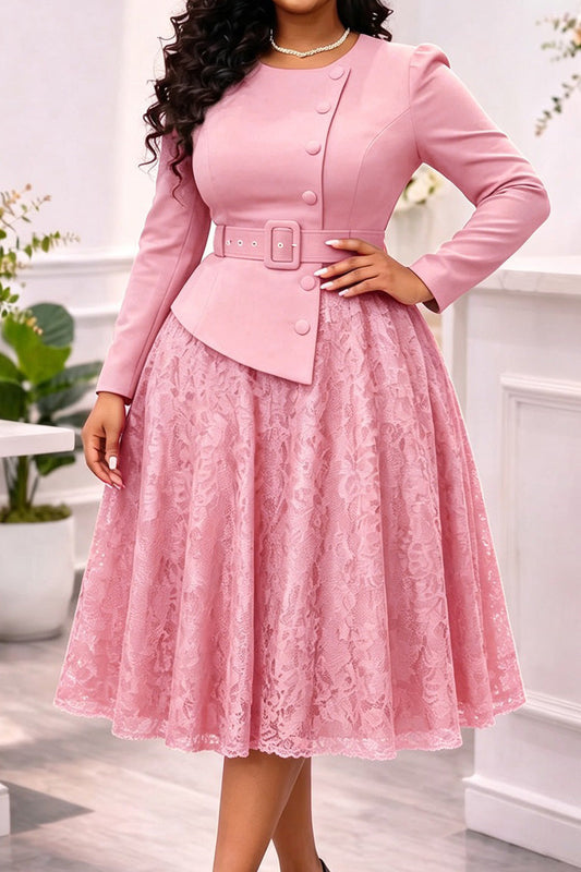 Belted Jacket Lace A Line Midi Dress Lavish Daily