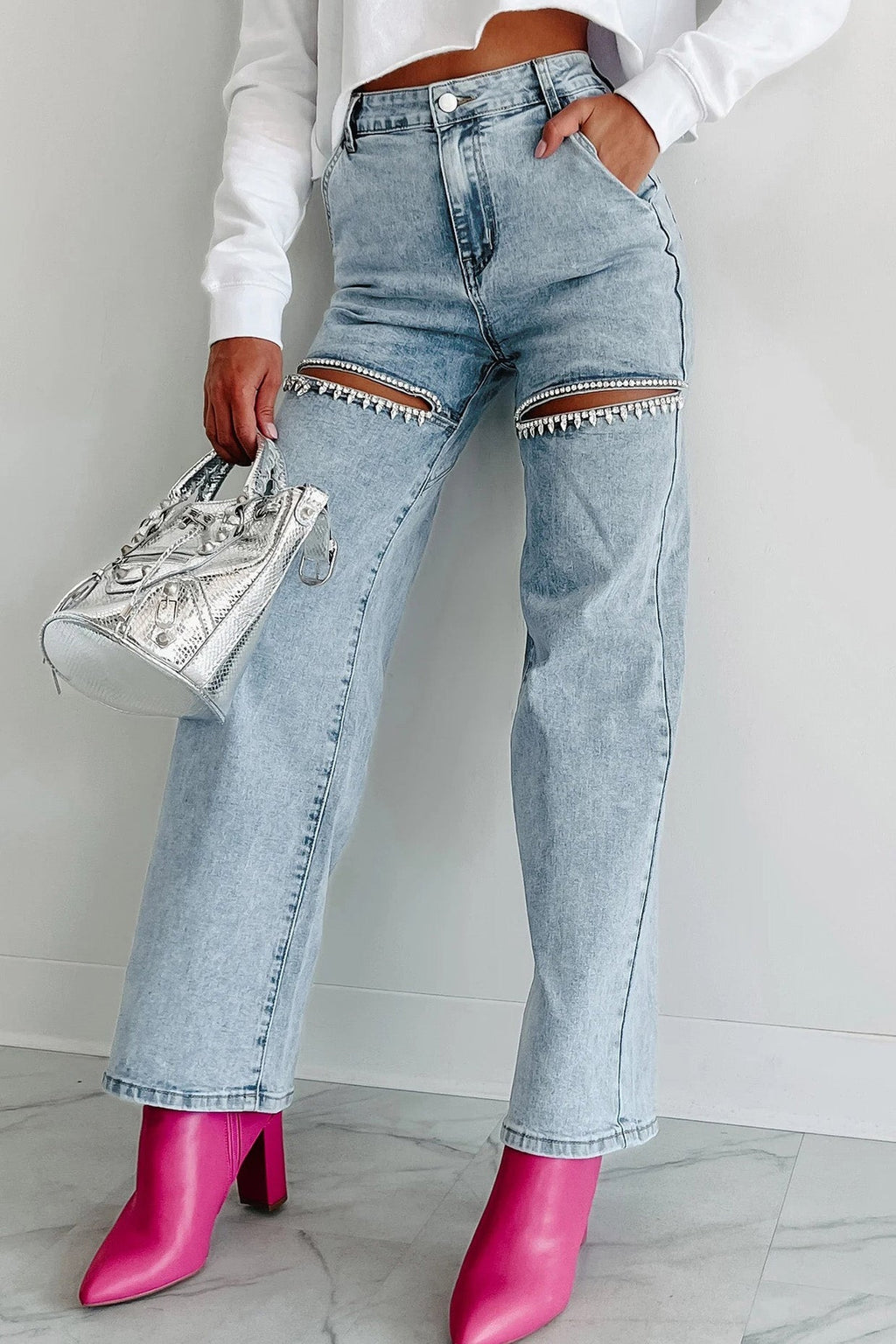 Washed Denim Rhinestone Cutout Jeans Lavish Daily