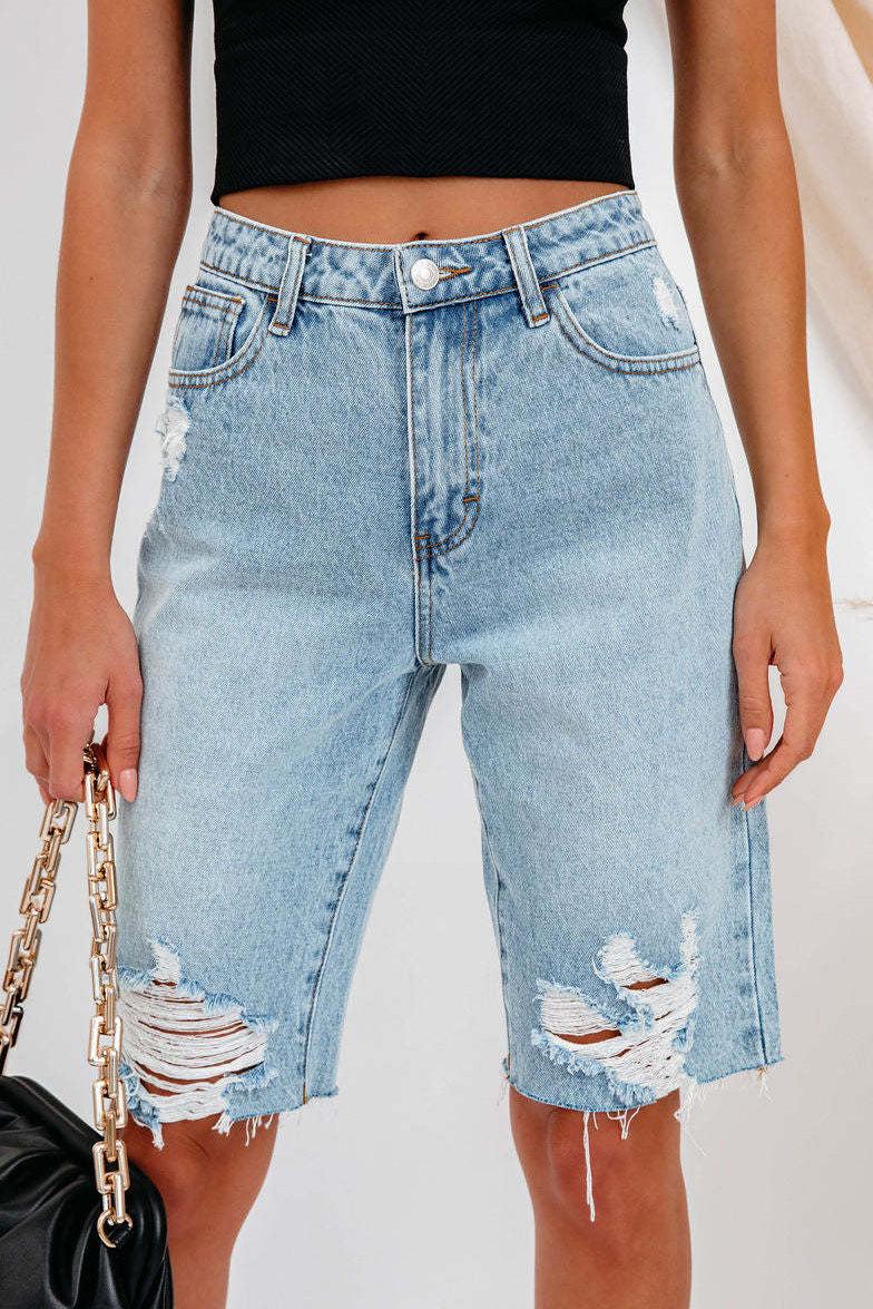 High-Waisted Distressed Denim Bermuda Shorts Lavish Daily