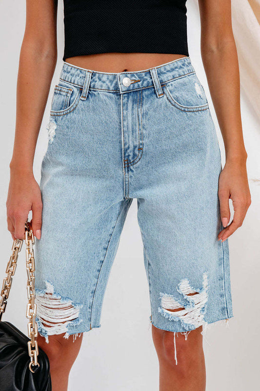High-Waisted Distressed Denim Bermuda Shorts Lavish Daily