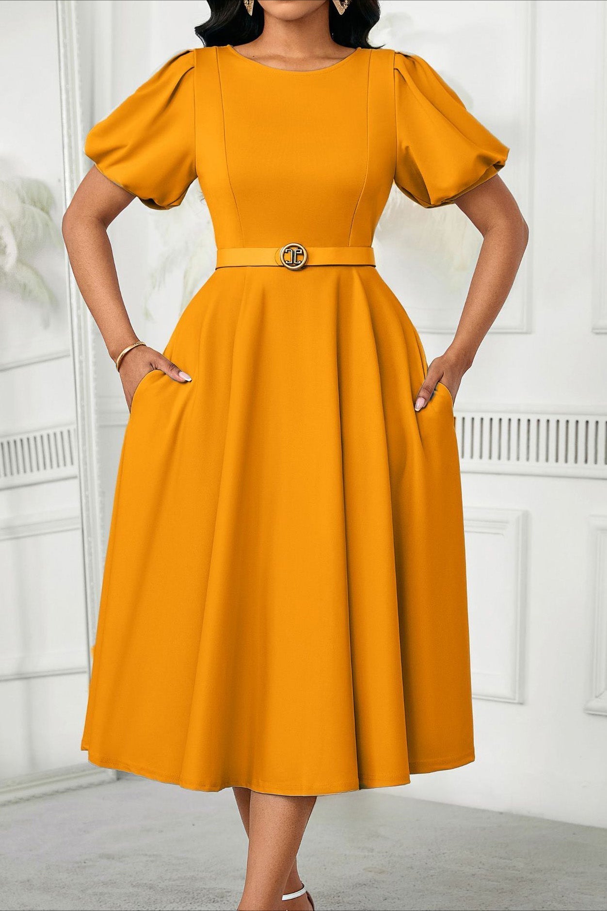 Puff Sleeve High Waist Solid Round Neck Dress Lavish Daily