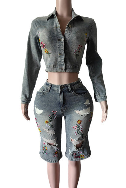 Embroidered Denim Top and Bermuda Shorts Set Lavish Daily