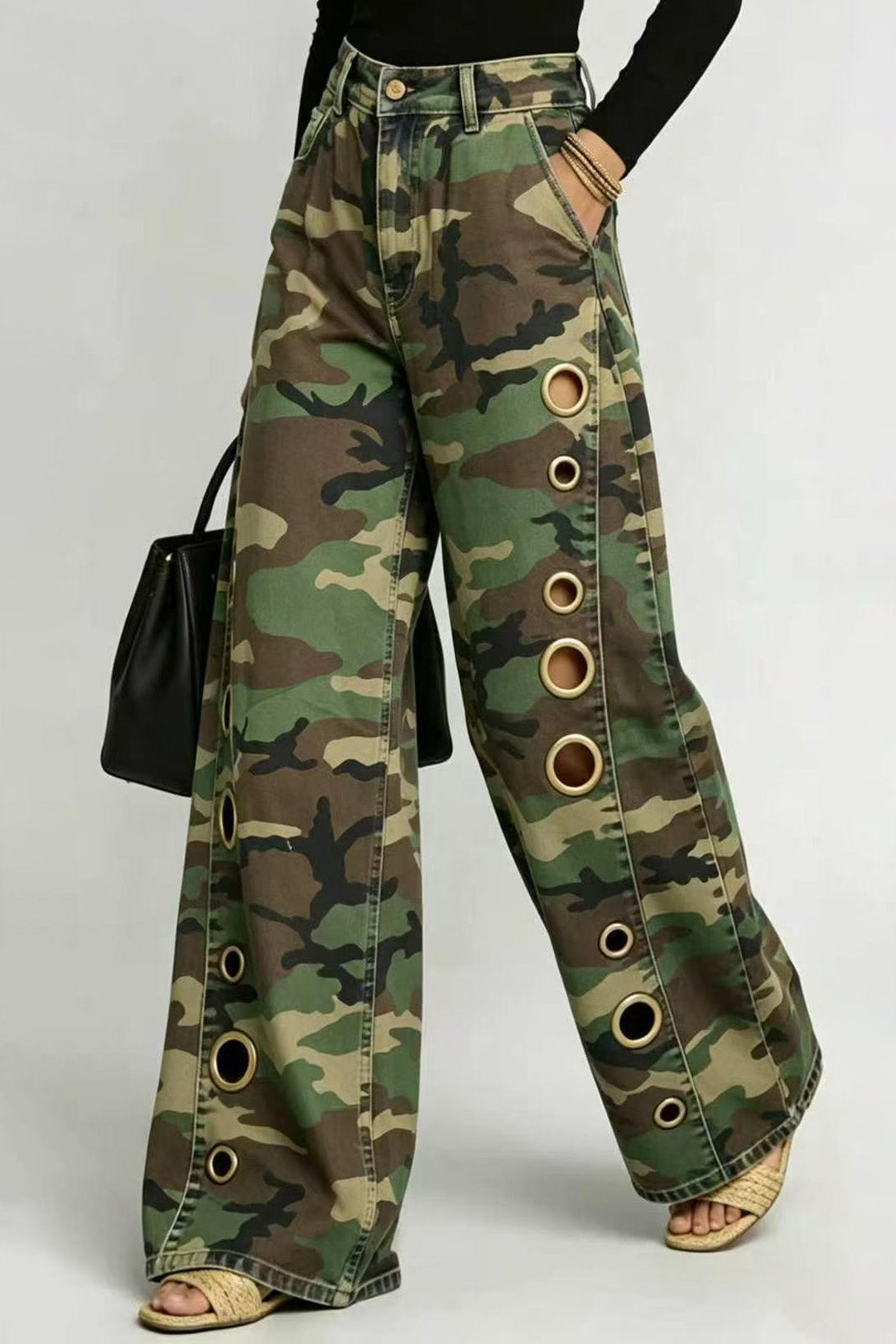 Baggy Camo Eyelet Wide Leg Pants Lavish Daily