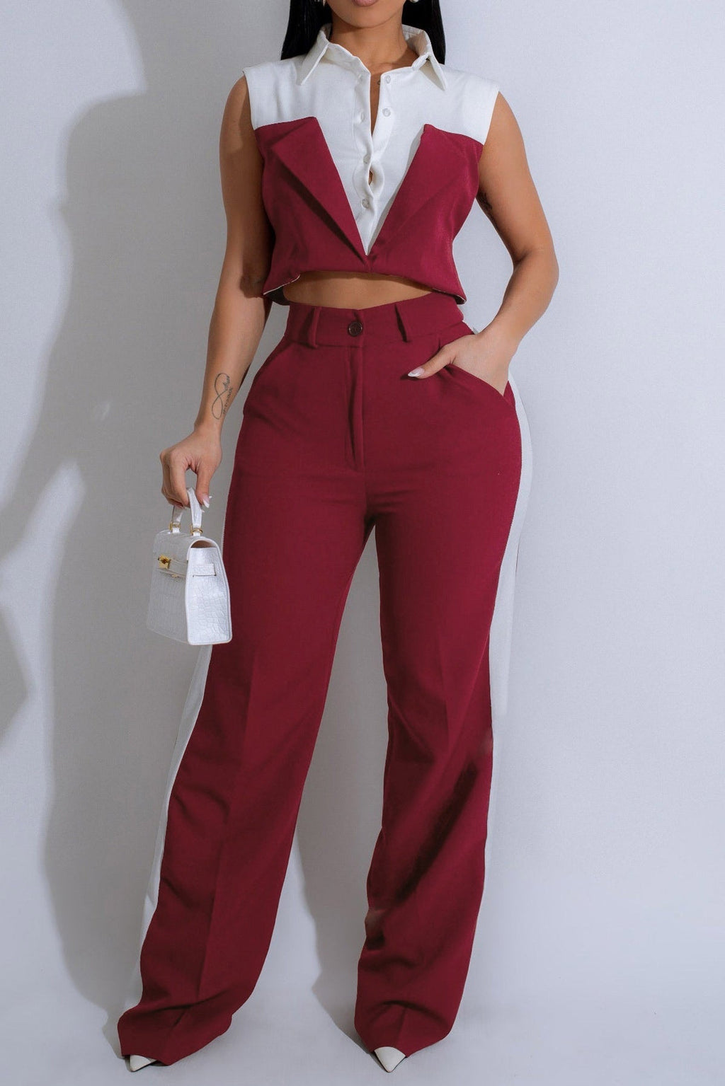 Patchwork Button Tie Back Top And Trousers Set Lavish Daily
