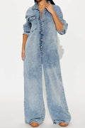 Slim Fit Long Sleeve Washed Denim Jumpsuit LavishDaily