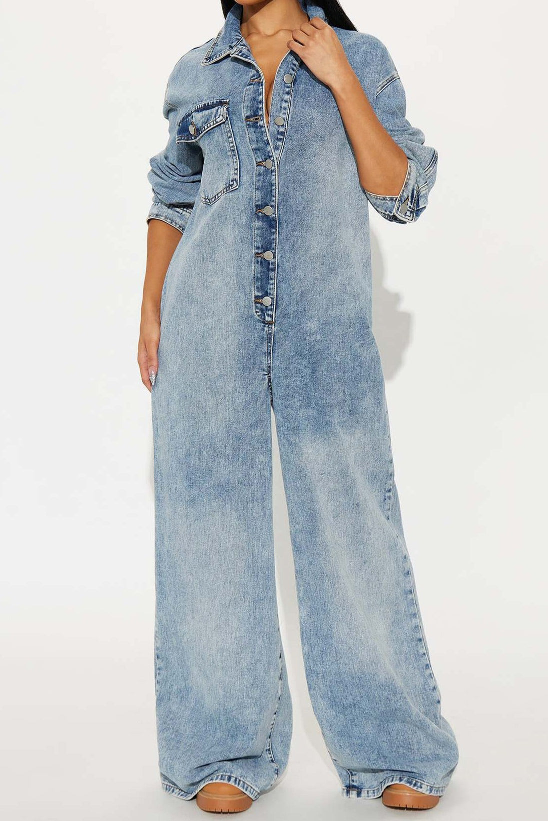 Slim Fit Long Sleeve Washed Denim Jumpsuit LavishDaily