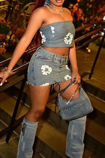 Printed Strapless Elastic Denim Skirt Set Lavish Daily