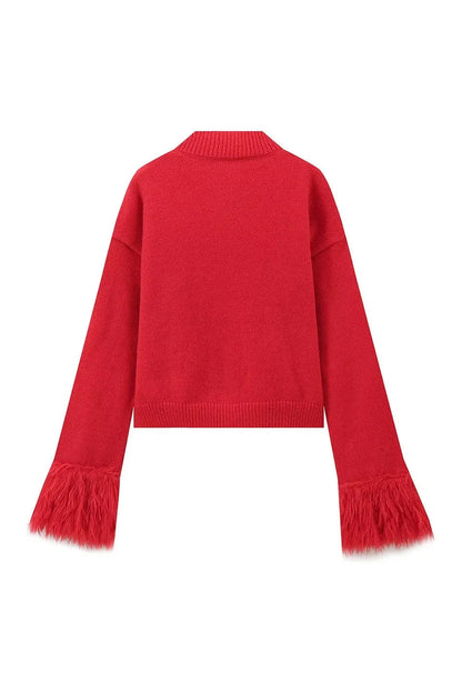 Faux Feather Cuff Button-Up Knit Cardigan Lavish Daily