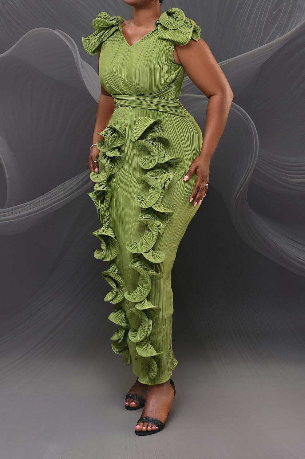 Ruffle 3D Floral V Neck Midi Dress LavishDaily