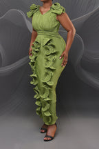 Ruffle 3D Floral V Neck Midi Dress LavishDaily