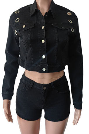 Eyelet Cropped Denim Jacket & Shorts Set Lavish Daily