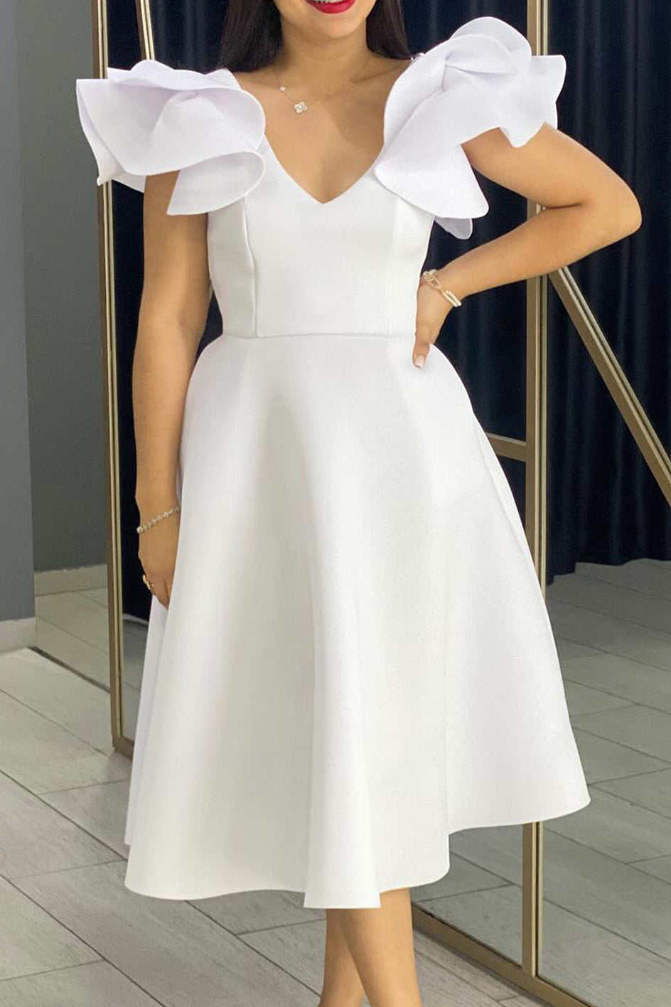 Flounce Sleeve High Waist A-Line Dress Lavish Daily