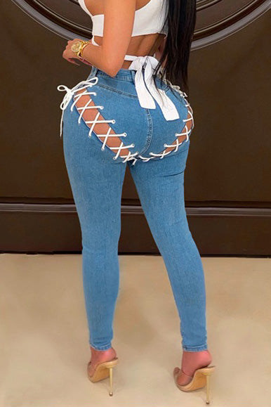 High-Rise Front & Back Lace-Up Cutout Jeans Lavish Daily