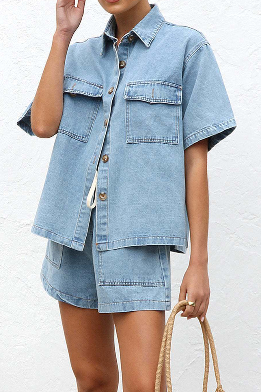 Loose Pocket Denim Shirt & Shorts Set Lavish Daily