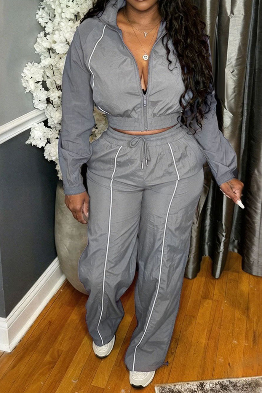 Zip-Front Piped Top & Wide-Leg Pants Set Lavish Daily